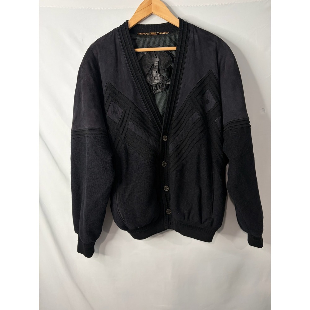 Torras Black Suede Leather Knit Cardigan Jacket 42 Alpaca Wool Made in Spain VTG